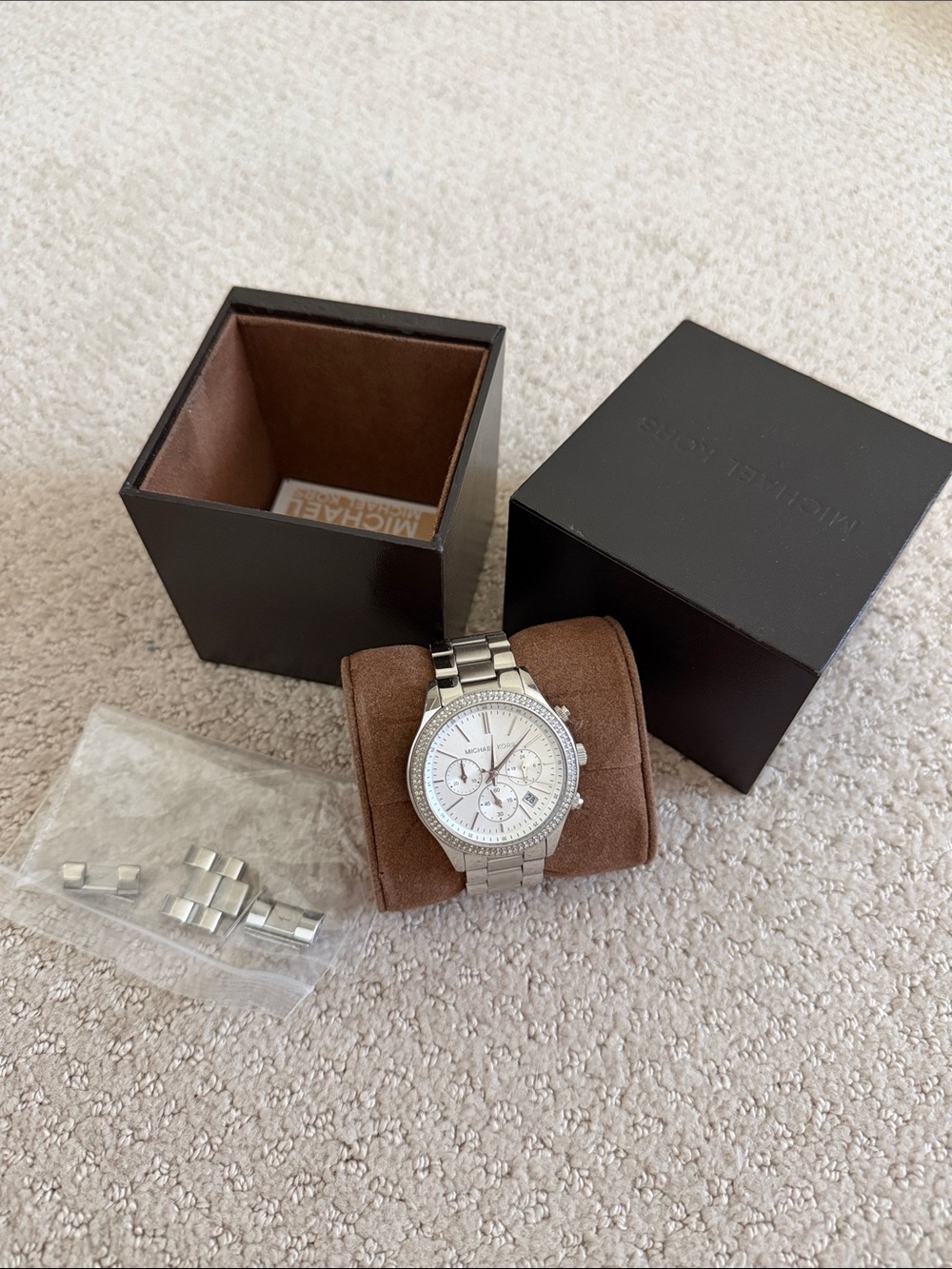 Michael Kors Silver and White Crystal-Accent Chronograph Watch